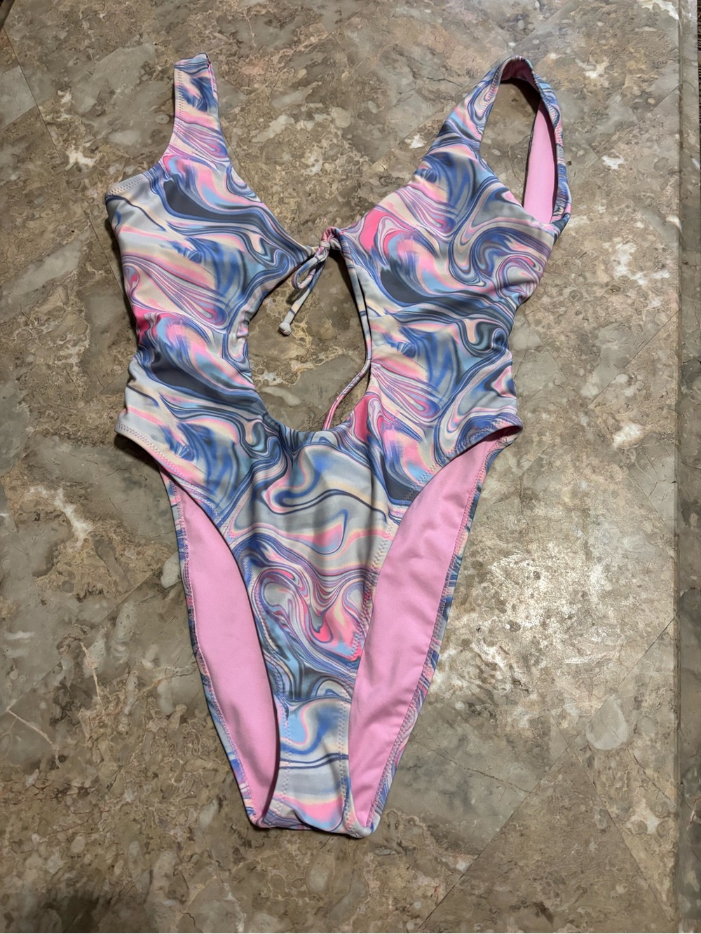 Forever 21 Pink, Blue & White Swirl One-Piece with Front Keyhole